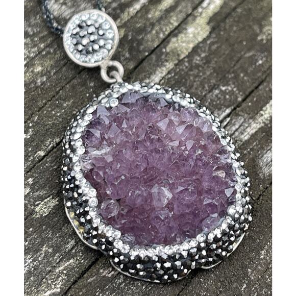 Raw Amethyst Sterling Silver Necklace Pendant 925 Druzy - Picture 3 of 16